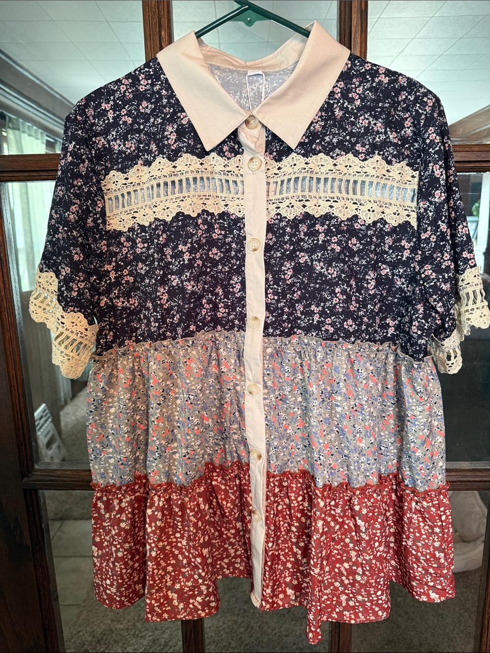 Floral Tiered Babydoll Button Down Top Crochet Lace Trim XL Boho Mixed Print NWT
